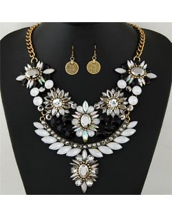 Luxurious Brightful Gems Flowers Theme Statement Fashion Necklaces and Earrings Set - Golden and White