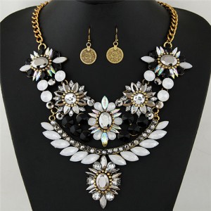 Luxurious Brightful Gems Flowers Theme Statement Fashion Necklaces and Earrings Set - Golden and White
