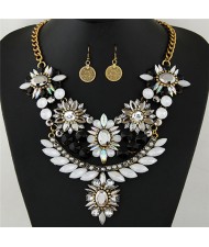 Luxurious Brightful Gems Flowers Theme Statement Fashion Necklaces and Earrings Set - Golden and White