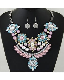 Luxurious Brightful Gems Flowers Theme Statement Fashion Necklaces and Earrings Set - Silver and Multicolor