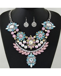 Luxurious Brightful Gems Flowers Theme Statement Fashion Necklaces and Earrings Set - Silver and Multicolor