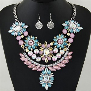 Luxurious Brightful Gems Flowers Theme Statement Fashion Necklaces and Earrings Set - Silver and Multicolor