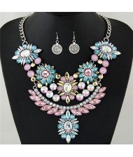 Luxurious Brightful Gems Flowers Theme Statement Fashion Necklaces and Earrings Set - Silver and Multicolor