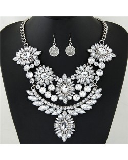 Luxurious Brightful Gems Flowers Theme Statement Fashion Necklaces and Earrings Set - Silver and Transparent