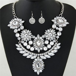 Luxurious Brightful Gems Flowers Theme Statement Fashion Necklaces and Earrings Set - Silver and Transparent