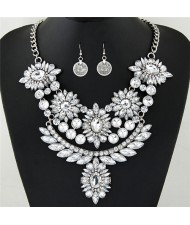 Luxurious Brightful Gems Flowers Theme Statement Fashion Necklaces and Earrings Set - Silver and Transparent