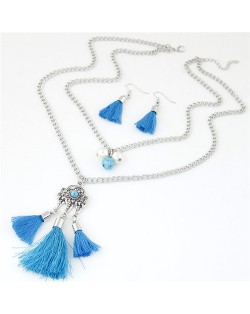 Two Layers Beads and Lock Pendant Tassel Fashion Necklace and Earrings Set - Blue