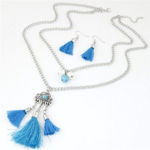 Two Layers Beads and Lock Pendant Tassel Fashion Necklace and Earrings Set - Blue