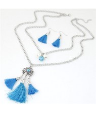 Two Layers Beads and Lock Pendant Tassel Fashion Necklace and Earrings Set - Blue