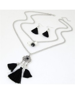 Two Layers Beads and Lock Pendant Tassel Fashion Necklace and Earrings Set - Black