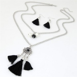 Two Layers Beads and Lock Pendant Tassel Fashion Necklace and Earrings Set - Black