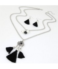 Two Layers Beads and Lock Pendant Tassel Fashion Necklace and Earrings Set - Black
