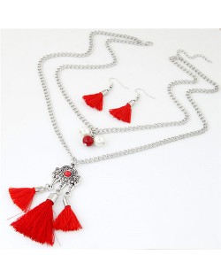 Two Layers Beads and Lock Pendant Tassel Fashion Necklace and Earrings Set - Red