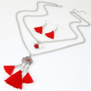 Two Layers Beads and Lock Pendant Tassel Fashion Necklace and Earrings Set - Red