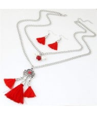 Two Layers Beads and Lock Pendant Tassel Fashion Necklace and Earrings Set - Red