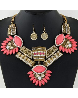 Flowers Bars and Squares Combo Fashion Costume Necklace and Earrings Set - Golden