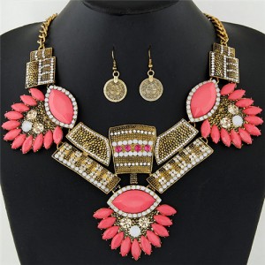 Flowers Bars and Squares Combo Fashion Costume Necklace and Earrings Set - Golden