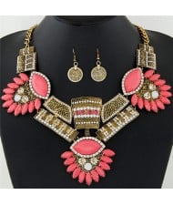 Flowers Bars and Squares Combo Fashion Costume Necklace and Earrings Set - Golden