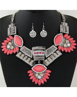 Flowers Bars and Squares Combo Fashion Costume Necklace and Earrings Set - Silver