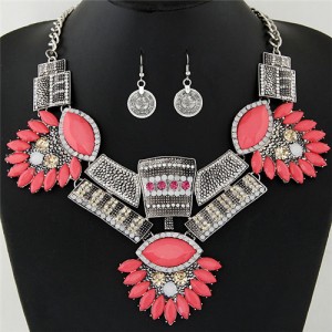 Flowers Bars and Squares Combo Fashion Costume Necklace and Earrings Set - Silver