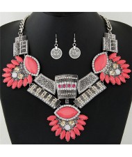 Flowers Bars and Squares Combo Fashion Costume Necklace and Earrings Set - Silver