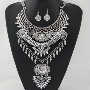 Fish Scale Design Rhinestone Embellished Hollow Floral Pendant Fashion Necklace and Earrings Set - Silver