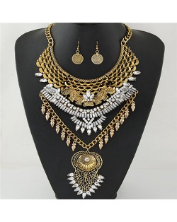 Fish Scale Design Rhinestone Embellished Hollow Floral Pendant Fashion Necklace and Earrings Set - Golden