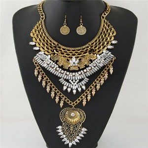 Fish Scale Design Rhinestone Embellished Hollow Floral Pendant Fashion Necklace and Earrings Set - Golden