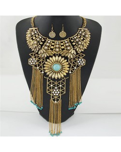 Hollow Pattern Chrysanthemum Theme with Tassel Chains Costume Necklace and Earrings Set - Golden