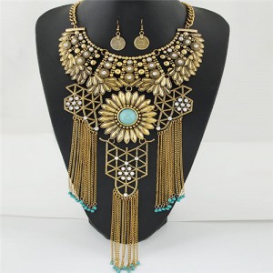 Hollow Pattern Chrysanthemum Theme with Tassel Chains Costume Necklace and Earrings Set - Golden