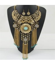 Hollow Pattern Chrysanthemum Theme with Tassel Chains Costume Necklace and Earrings Set - Golden