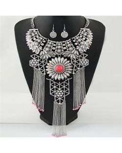 Hollow Pattern Chrysanthemum Theme with Tassel Chains Costume Necklace and Earrings Set - Silver