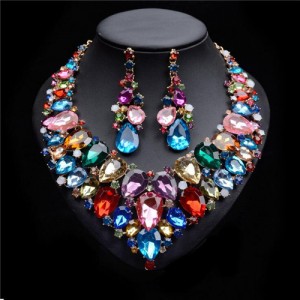 Shining Multi-layers Gem Fashion Costume Necklace and Earrings Set - Multicolor