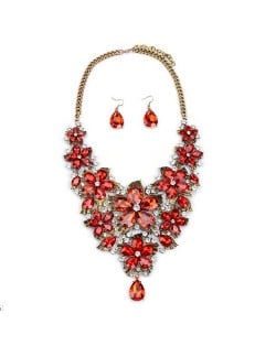 Cute Tiny Flowers Cluster Design Statement Necklace and Earrings Set - Red