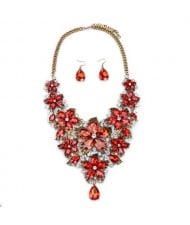 Cute Tiny Flowers Cluster Design Statement Necklace and Earrings Set - Red