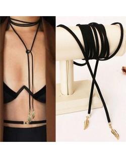 Dual Alloy Leaves Adjustable Length Rope Fashion Neckalce - Golden