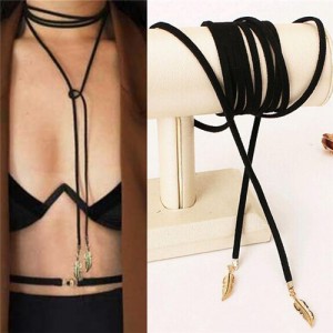 Dual Alloy Leaves Adjustable Length Rope Fashion Neckalce - Golden