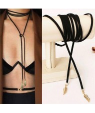Dual Alloy Leaves Adjustable Length Rope Fashion Neckalce - Golden
