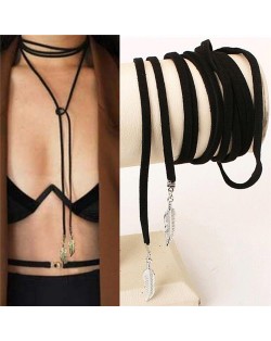 Dual Alloy Leaves Adjustable Length Rope Fashion Neckalce - Silver