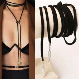 Dual Alloy Leaves Adjustable Length Rope Fashion Neckalce - Silver