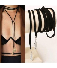 Dual Alloy Leaves Adjustable Length Rope Fashion Neckalce - Silver