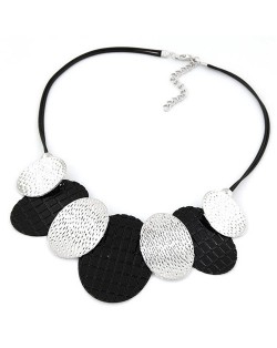 Silver and Black Coarse Oval Pendants Rope Statement Necklace