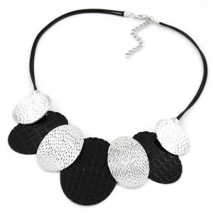 Silver and Black Coarse Oval Pendants Rope Statement Necklace