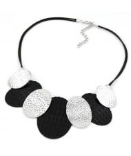 Silver and Black Coarse Oval Pendants Rope Statement Necklace