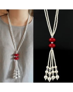 Twin Red Beads Embelished Dual Layers Pearl Fashion Long Necklace