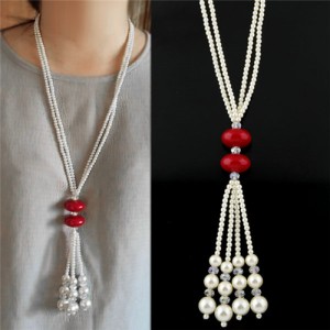 Twin Red Beads Embelished Dual Layers Pearl Fashion Long Necklace