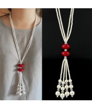 Twin Red Beads Embelished Dual Layers Pearl Fashion Long Necklace
