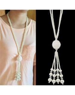 Pearl Ball Design Dual Layers Long Style Costume Necklace