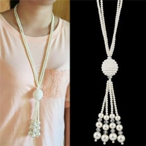 Pearl Ball Design Dual Layers Long Style Costume Necklace