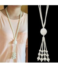 Pearl Ball Design Dual Layers Long Style Costume Necklace